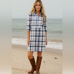 Barbour Blue White Plaid 100% Cotton Button Down Shirt Dress Size 8 NWT